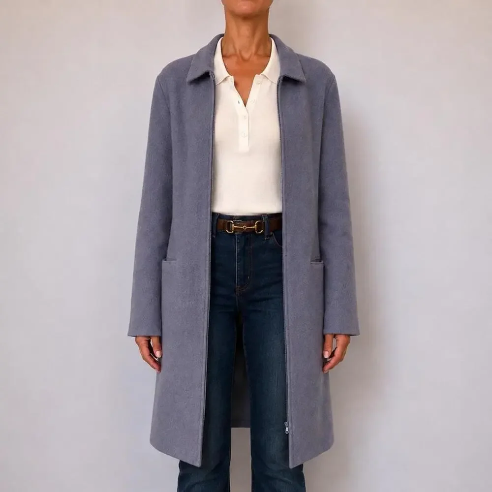 Vintage 90s Eileen Fisher 100% Wool Long Lavender trench Coat Size M Hong Kong